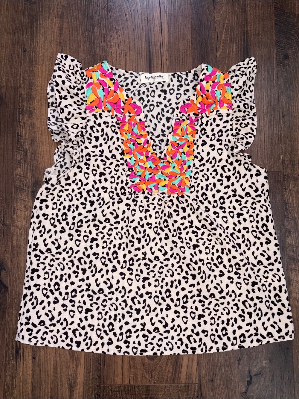 NWOT Impressions Leopard-Print Flutter Sleeve Top with Bright Embroidery